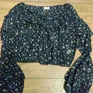 Love shack fancy black floral long sleeve ruffle silk bend croptop sz S